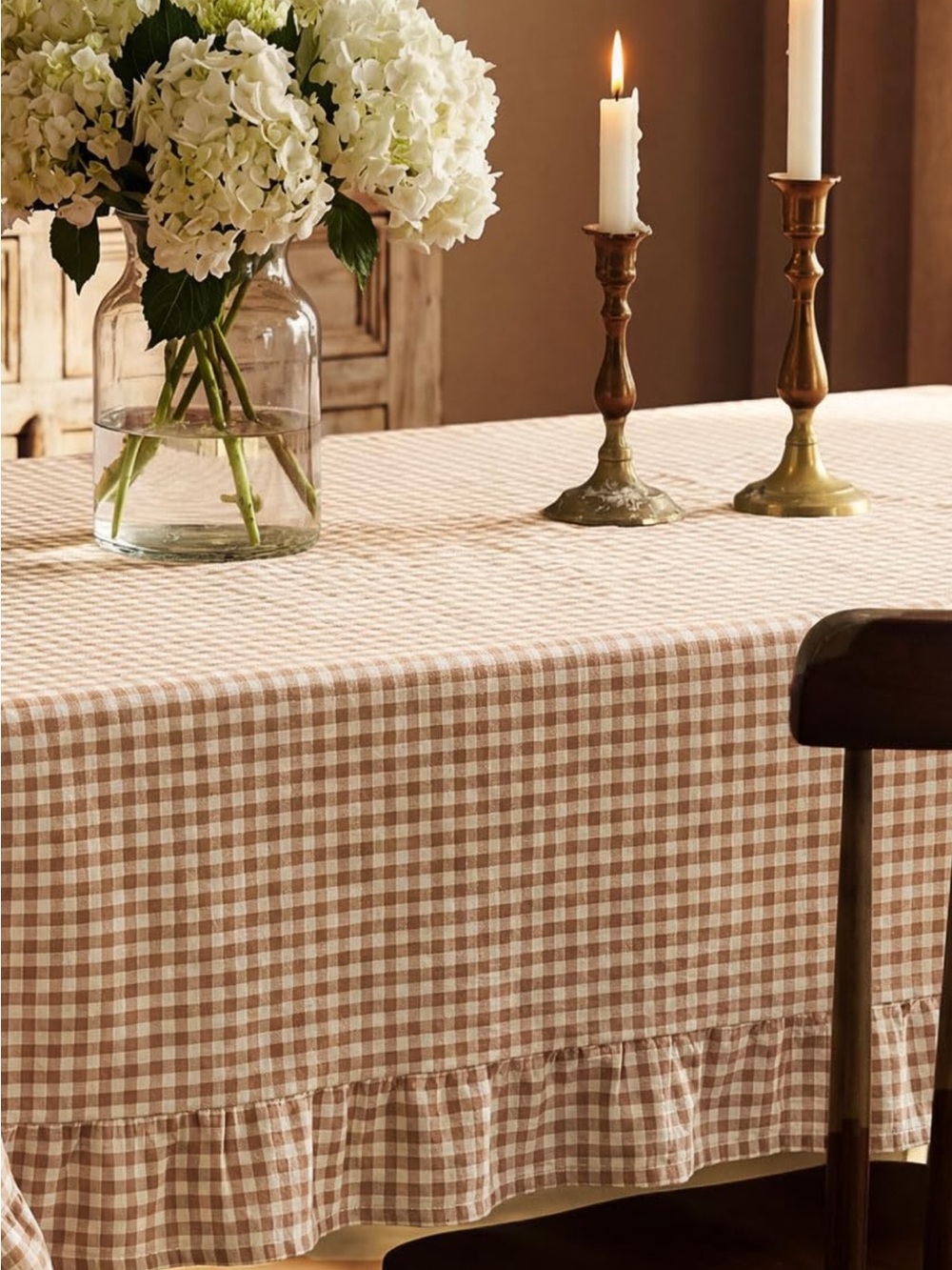 Mindsoft Brown Ruffled Gingham Tablecloth, 52 X 70 Inches, Rectangle